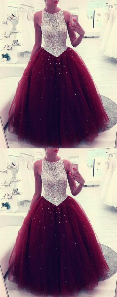 Beaded Scoop Tulle Burgundy Ball Gown Prom Dress, Quinceanera Dresses INF5