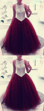 Beaded Scoop Tulle Burgundy Ball Gown Prom Dress, Quinceanera Dresses INF5