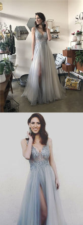 A-Line V Neck Long Grey Tulle Split Prom Party Dress with Sequins INF70