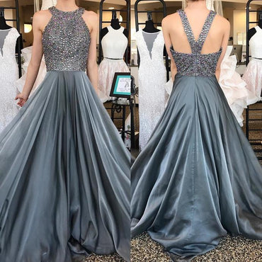 O-Neck Beading A-Line Long Cheap Prom Dresses,Grey Evening Dress For Women IN833