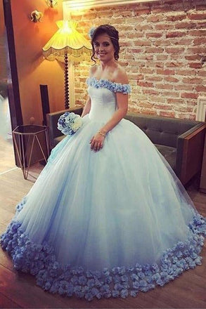 Off the Shoulder Tulle Flowers Ball Gown Prom Dress,Cheap Blue Quinceanera Dresses INH52
