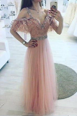 A-Line V-Neck Off Shoulder Pink Tulle Long Prom Dress with Beading INF30