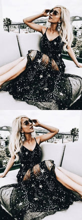 Sexy Sparkly Black Spaghetti Straps A Line Star Long Prom Dress ING9