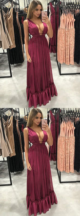 Sexy A-Line V-Neck Pleated Burgundy Chiffon Prom Party Dress INF8