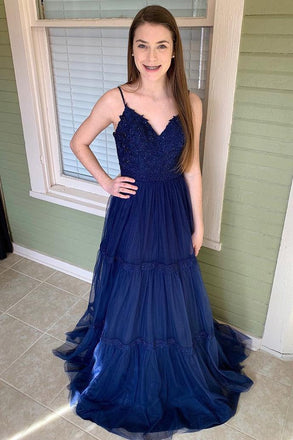 A Line Spaghetti Straps Dark Blue Tulle Long Prom Dresses INJ38