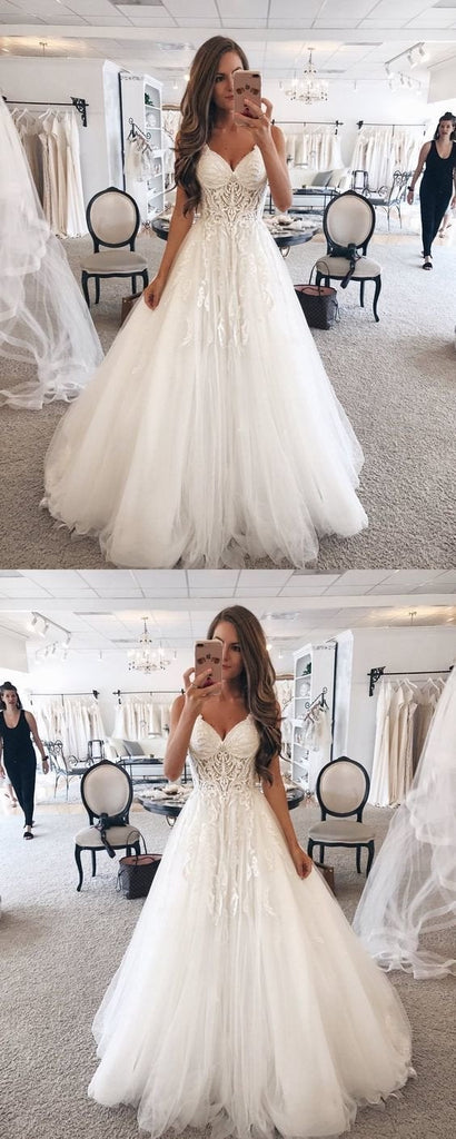 Elegant A-Line Spaghetti Straps Long Tulle Wedding Dress with Appliques INF1