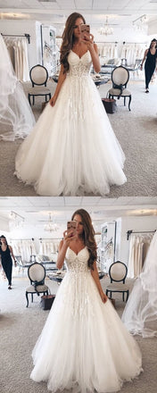 Elegant A-Line Spaghetti Straps Long Tulle Wedding Dress with Appliques INF1