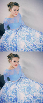 Two Piece Prom Dresses With Long Sleeves, White Blue Printed Prom Dresses INH51