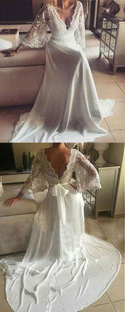 Romantic Boho V Neck Lace Appliques Long Sleeve Beach Wedding Dress INE21