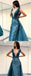 A-Line Deep V-Neck Lace Blue Floor Length Prom Dresses INF49