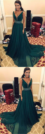 Simple V-Neck Sweep Train Dark Green Chiffon Prom Dress with Beading INF67