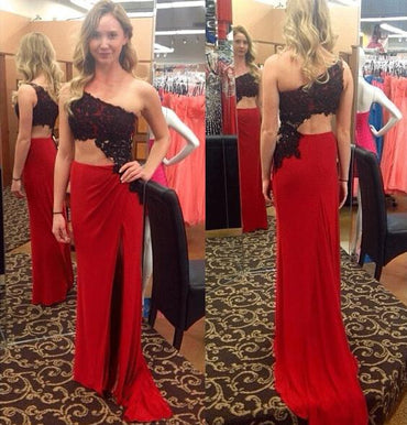 Black Lace One Shoulder Red Sexy Prom Dress,Long Party Dresses INE54