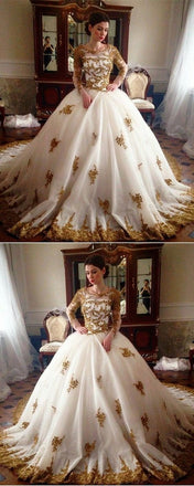 Vintage Gold Lace Appliques Beaded Long Sleeves Wedding Dresses Ball Gowns ING81
