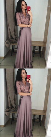 A Line V-Neck Half Sleeves Purple Long Prom Dress with Lace Top INF7