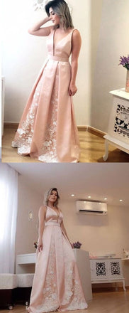 Elegant A Line Deep V Neck Long Satin Formal Evening Prom Dress With Lace ING2
