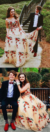 Princess A Line Strapless Tulle Long Prom Dress with Floral Appliques INF51