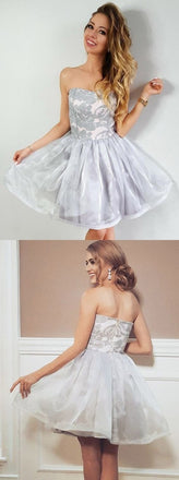 A-Line Strapless Gray Short Organza Homecoming Party Dress with Lace Appliques INE6