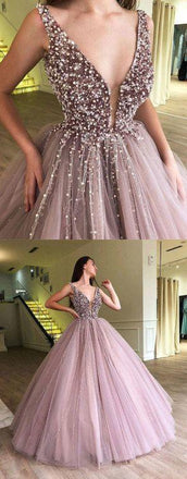 V Neck Tulle Long Ball Gown Prom Dress, Formal Evening Dress INE20