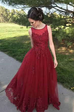 A Line Red Appliques Long Tulle Formal Prom Dresses INE47