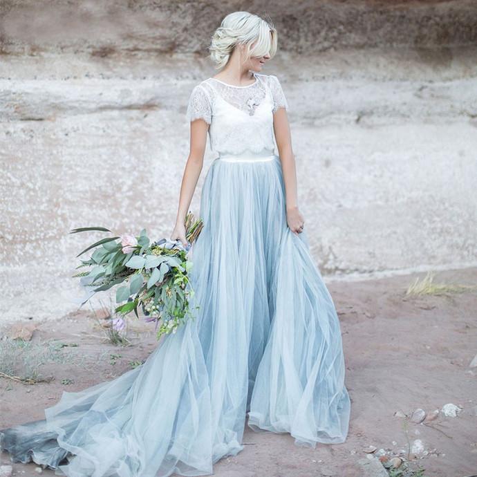Beautiful lace Top Short Sleeves Prom Dress, A Line Cheap Wedding Dresses ING4