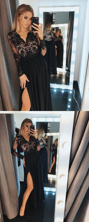 A-Line V-Neck Long Sleeves Black Split Evening Prom Dress with Lace INF71