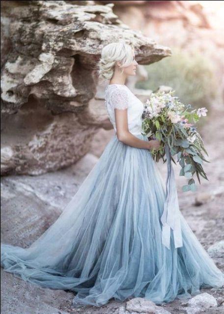 Beautiful lace Top Short Sleeves Prom Dress, A Line Cheap Wedding Dresses ING4