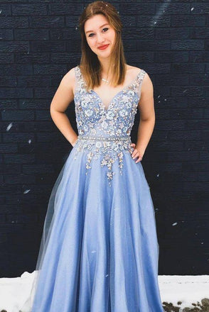 Gorgeous A-Line Appliques Floral Sky Blue Long Prom Dress INO2