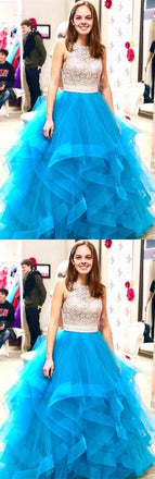 Beaded Organza Ruffles Ice Blue Ball Gown Prom Dress INE57