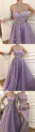 Long Sleeve  A-line Sparkly Star Lace Lilac Long Prom Dresses ING83