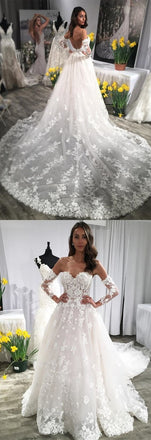 Long Sleeves Ivory Lace Appliques Backless Long Wedding Dress with Train INF23
