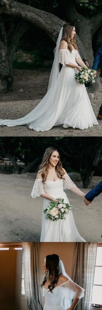 Romantic Ivory Off-the-shoulder A Line Long Chiffon Lace Bridal Gown ING45
