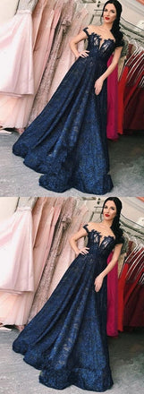 Lace A-line Dark Blue Long Prom Dress,V Neck Evening Dresses INE55