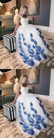 White Scoop Tulle Blue Lace Long Prom Dress, Evening Dress INE27