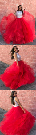 Charming Red Ball Gowns Organza Ruffle Sequin Top Prom Dresses INF68