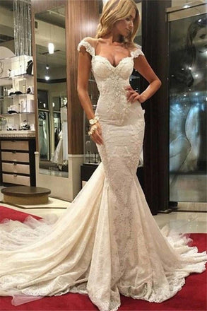 Sexy Mermaid Lace Wedding Dresses stunning Cap Sleeves Appliques Bridal Gowns IN106