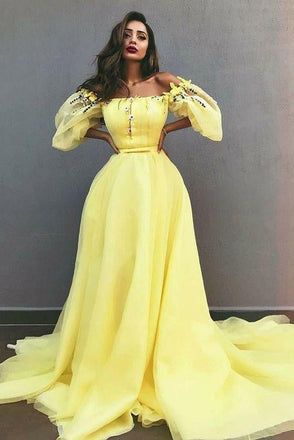 Charming A-Line Off-the-Shoulder Yellow Tulle Prom Dress with Appliques INE30