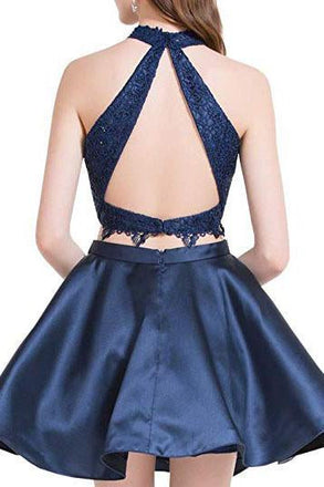 Two Piece Dark Blue Short Homecoming Dress with Lace, A Line Satin Graduation Dress INM55