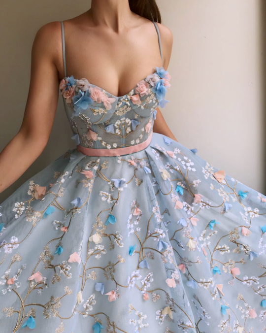 A-Line Lace Spaghetti Straps Long Light Blue Prom Dress INE42