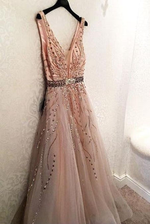 Gorgeous Tulle V-neck Backless A-line Prom Dresses With Beads INE26