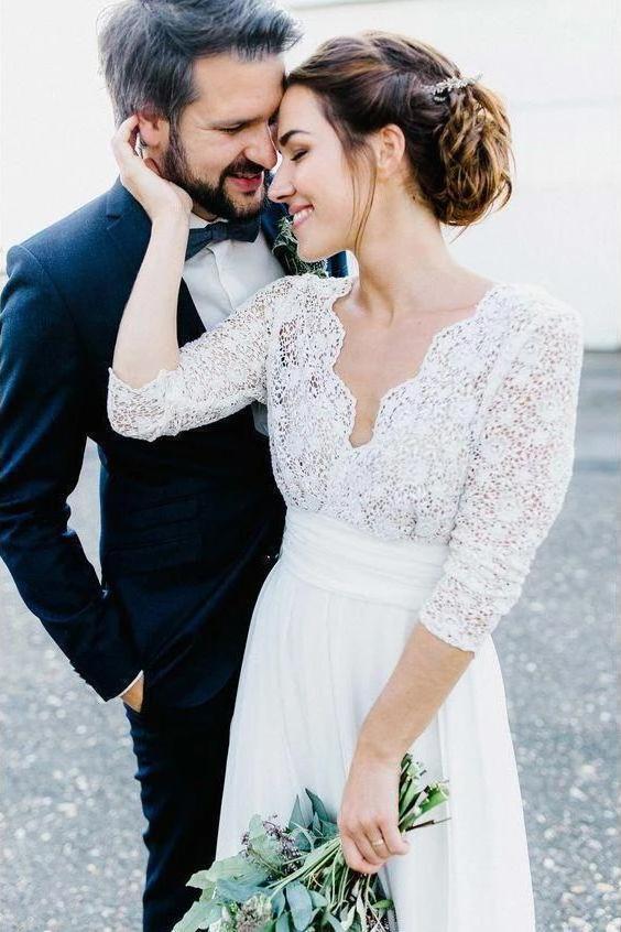 3/4 Sleeves Chiffon Beach Wedding Dress with Lace, V Neck Backless Bridal Dress INN90
