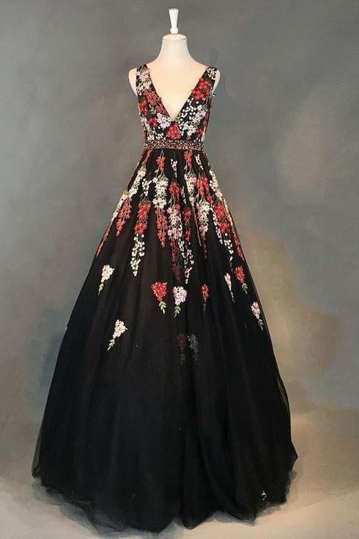 Charming V-Neck Black Floral Appliques Beading Sleeveless Long Prom Dress INI40