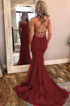 Burgundy Spaghetti Strap Mermaid Stunning Prom Dresses with Lace Appliques INJ3