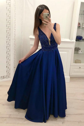 Royal Blue Beading A Line Satin Prom Dress, Cheap Long Evening Dresses INI17