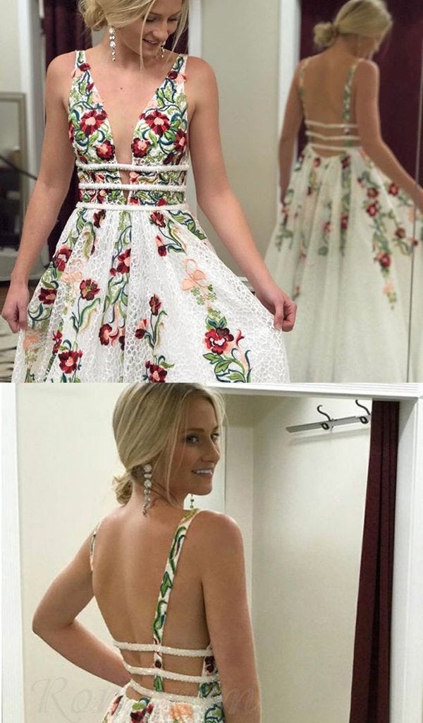 A Line V Neck Flower Appliques Prom Dresses, Long Evening Dresses ING76