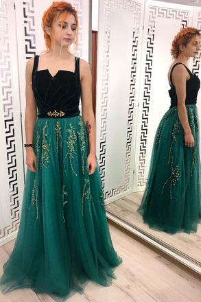 A Line Green and Black Tulle Prom Dresses, Charming Appliques Formal Dress INI13