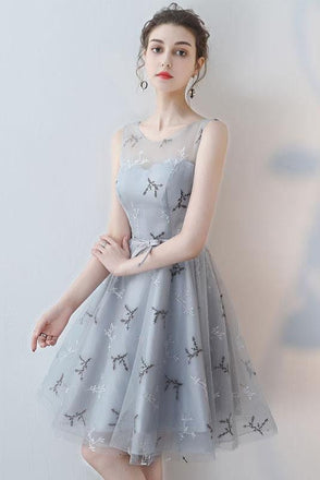 Unique A-line Scoop Grey Mini Tulle Sleeveless Homecoming Dresses INA73
