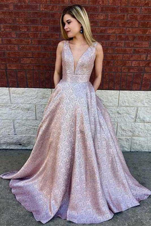 Simple A-Line Deep V-Neck Long Lilac Printed Satin Prom Dresses with Pockets INF35