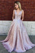 Simple A-Line Deep V-Neck Long Lilac Printed Satin Prom Dresses with Pockets INF35