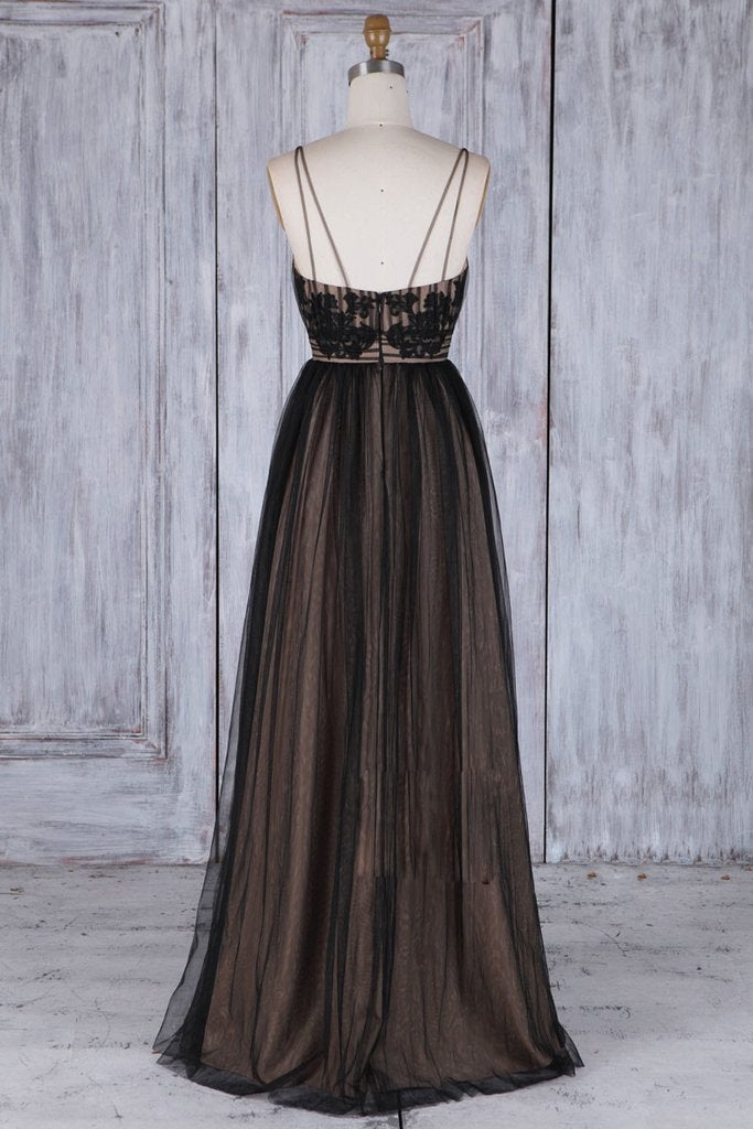 Chic Black Long Straps Tulle A Line Prom Dress,Evening Dresses IN879