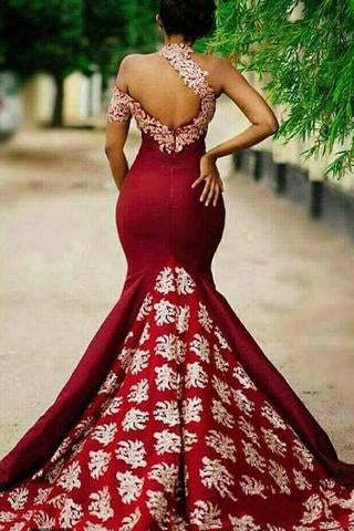 Charming Burgundy Mermaid Long Lace Appliqued Sleeveless Prom Dresses ING47